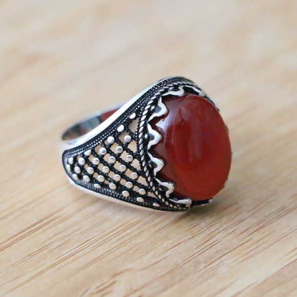 925 Sterling Silver Men's Rings with Red Agate - Picture 7 of 10